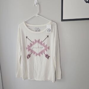 Cream Long Sleeve Top with Pink Geometric Design